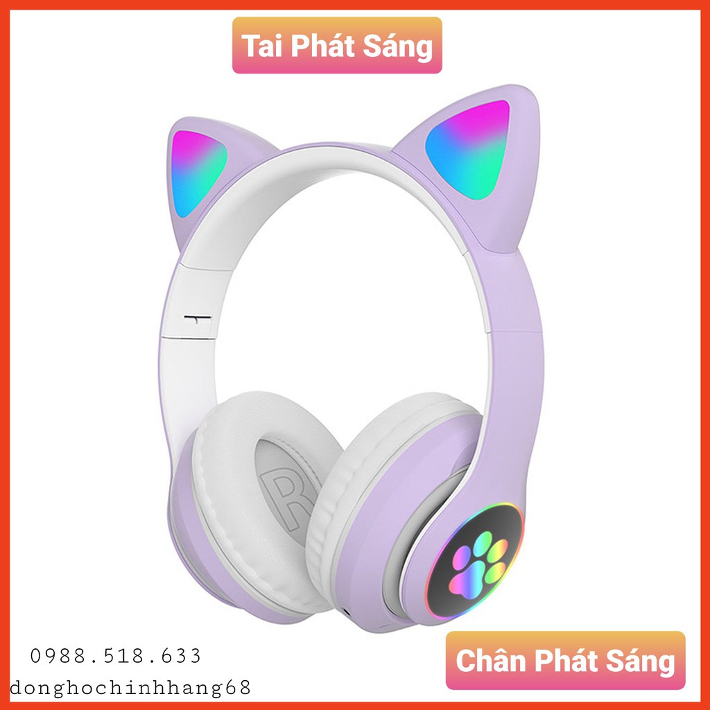 Tai Nghe Mèo Bluetooth Chụp Tai, Headphone Tai Mèo Dễ Thương Có Mic, Âm Bass Mạnh Mẽ Bảo Hành 12 Tháng