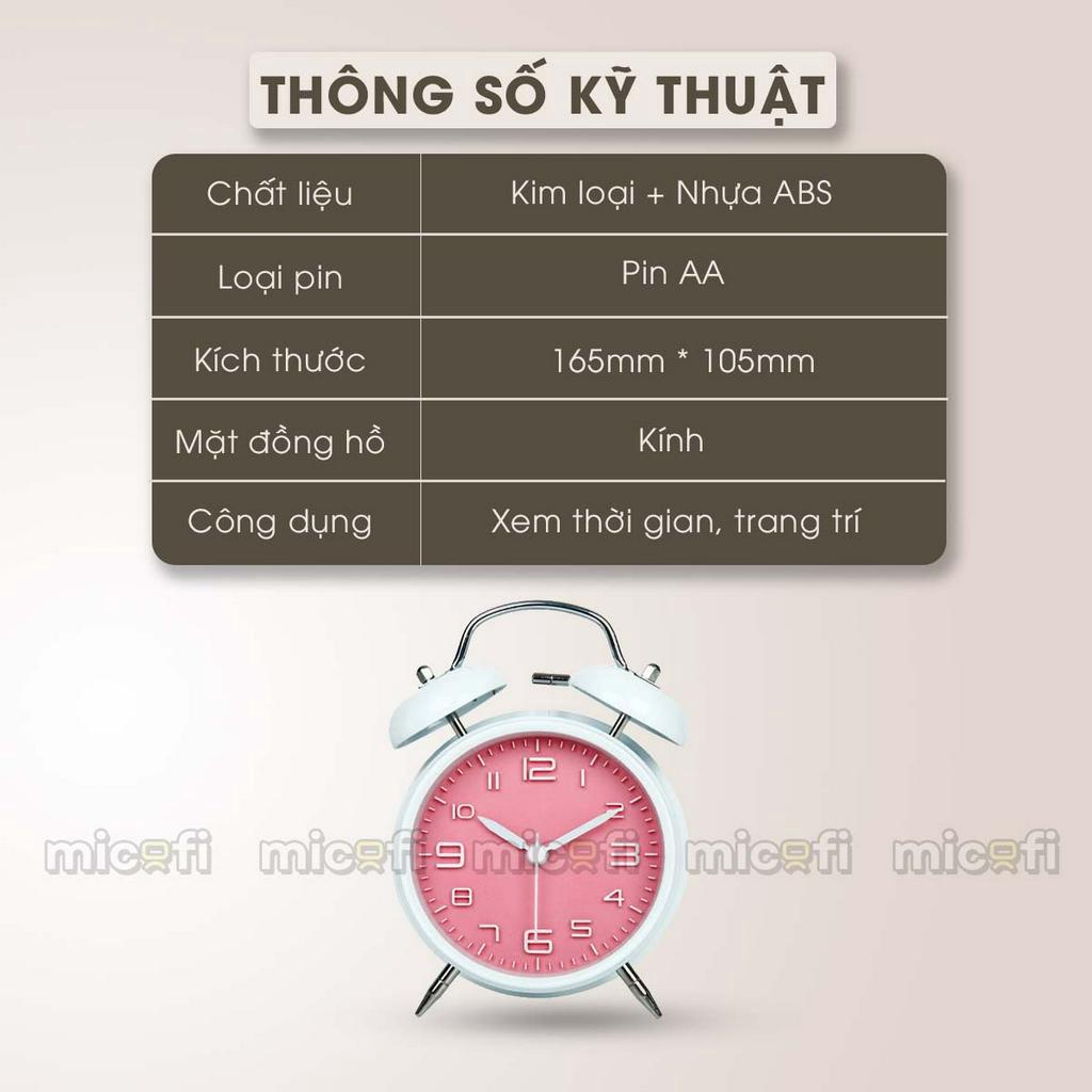 Đồng Hồ Báo Thức Micofi Để Bàn Decor Chuông To Có Đèn Led Inox Kim Không Gây Tiếng Động Cute Cho Bé