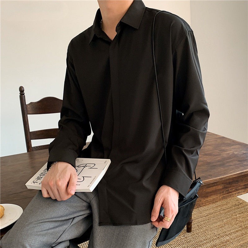 Áo sơ mi Nam dài tay vải lụa Urano dấu khuy form rộng unisex phong cách Hàn Quốc
