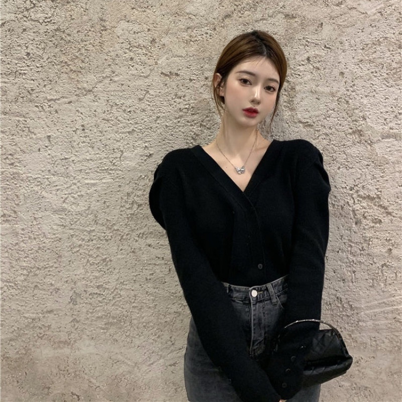 Áo khoác Cardigan dệt kim tay phồng cổ chữ V phong cách Retro thanh lịch thời trang mùa thu