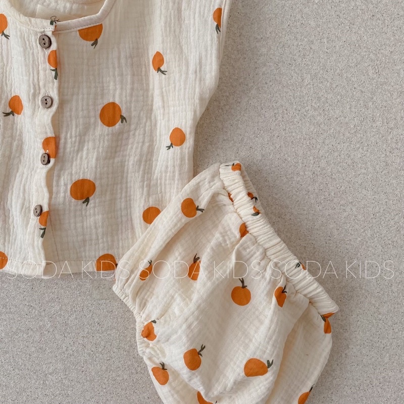 Bộ quần áo cộc tay chất xô muslin cho bé từ 3-10kg mẫu quả cam Tiệm Nhà Bơ