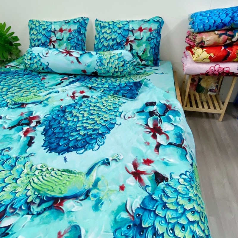 Bộ ga và vỏ gối thun Hàn mẫu con công