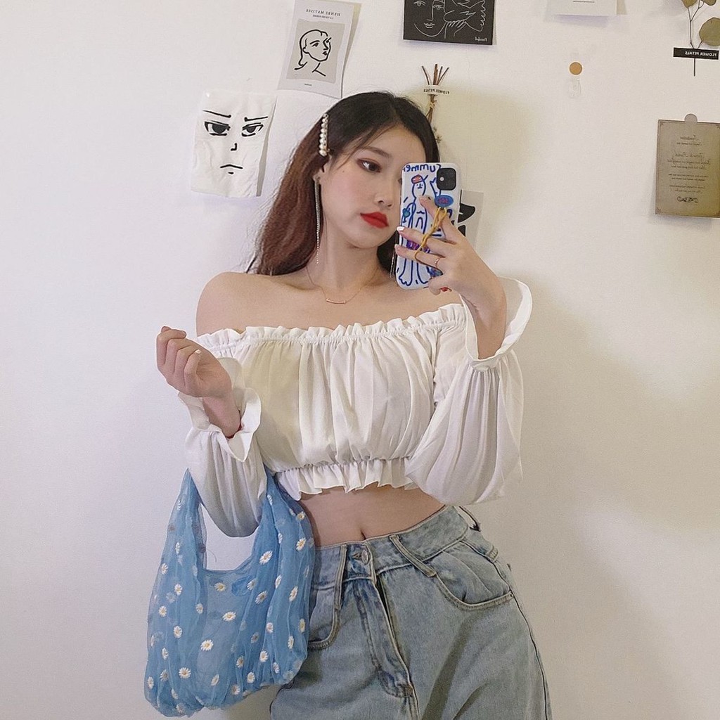 Áo trễ vai croptop tay bồng màu đen tay dài F15