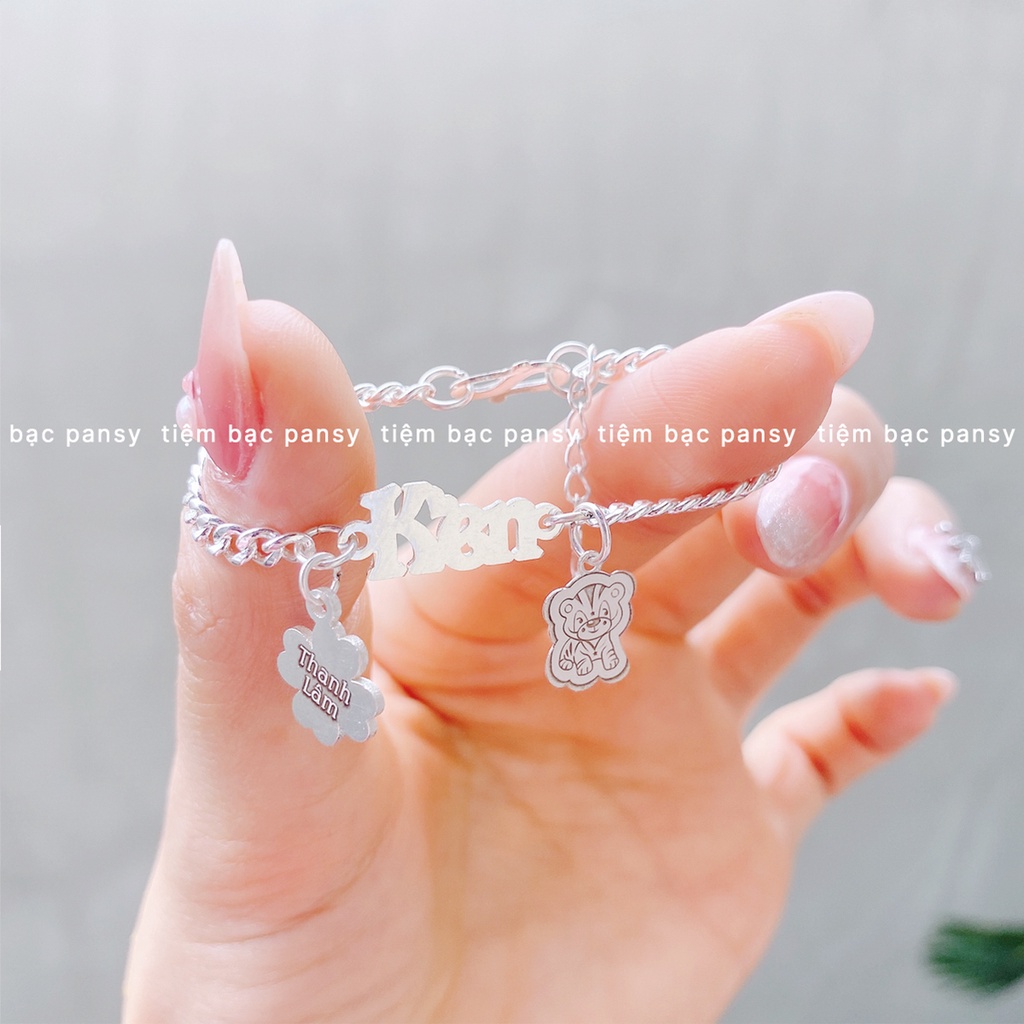 Lắc bạc khắc tên cho bé kèm charm cỏ 4 lá dễ thương - Vòng bạc đeo tay, chân cho bé trai, bé gái từ sơ sinh đến 10 tuổi
