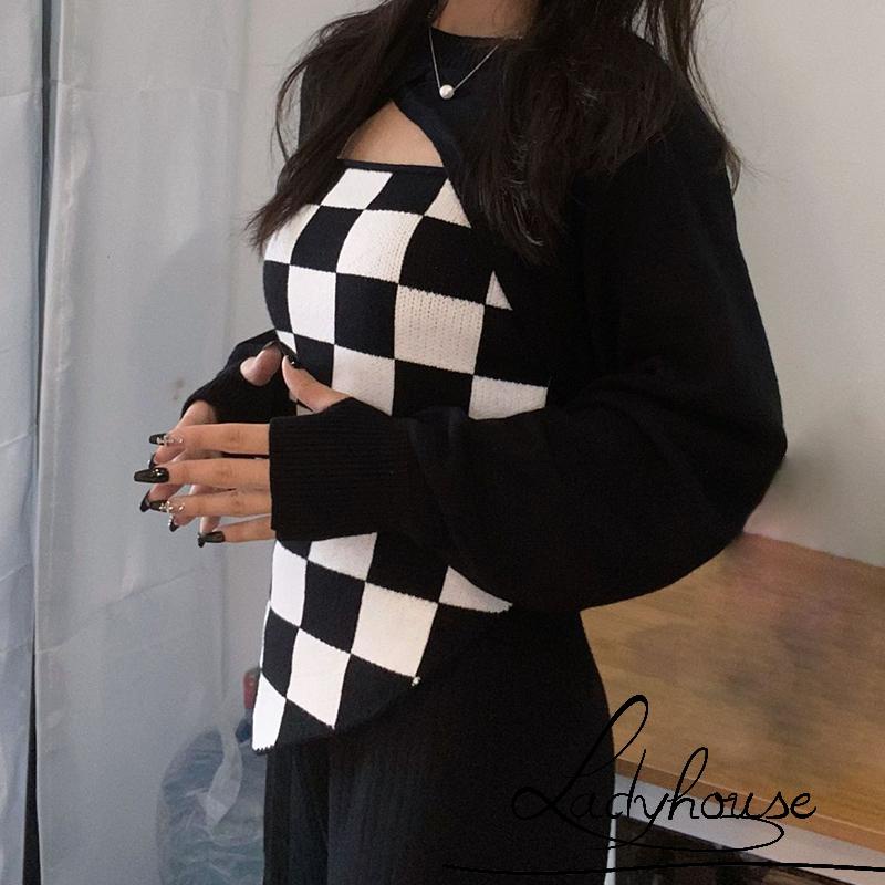 Áo hai dây dài tay họa tiết caro màu sắc đơn giản cho nữ