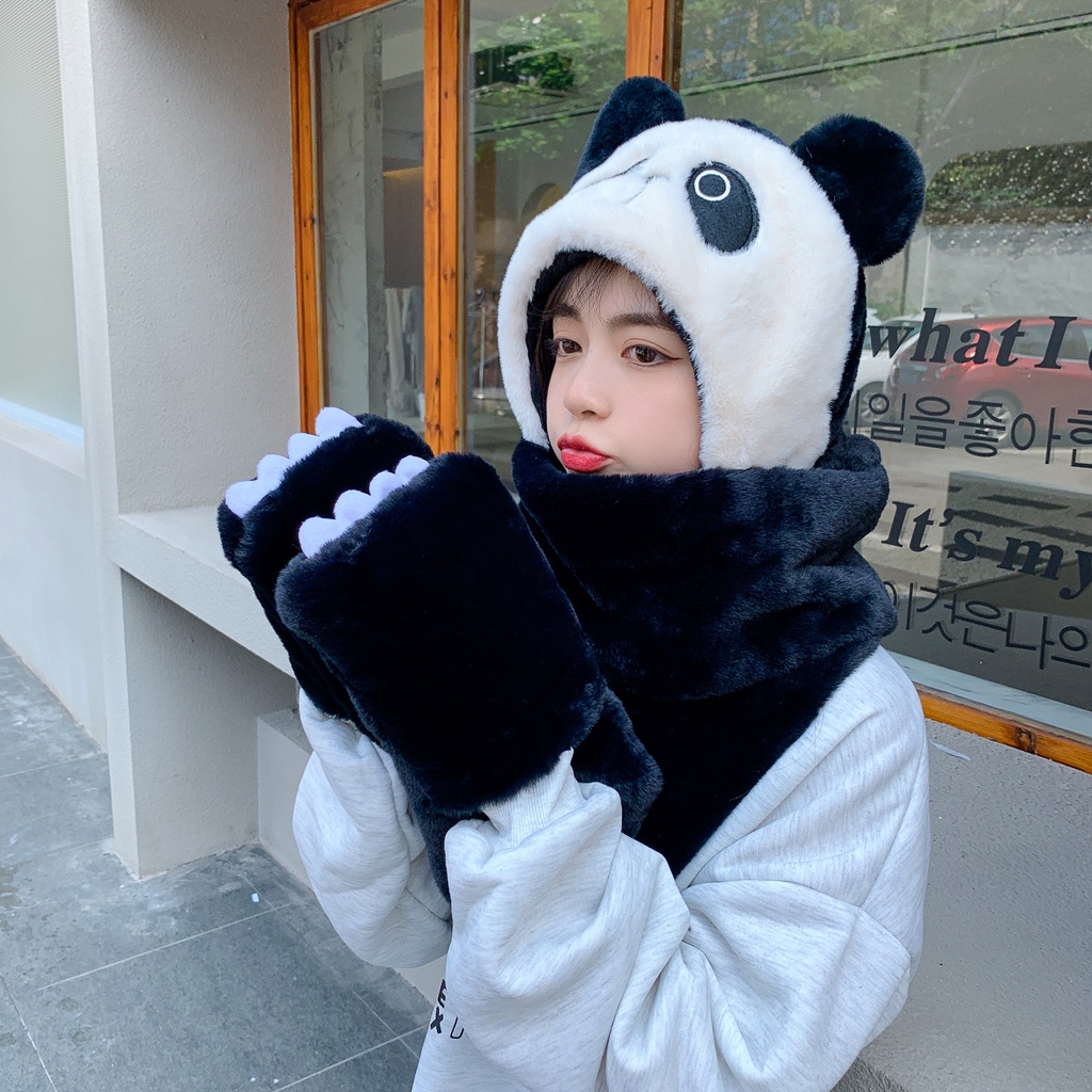 Bộ khăn choàng nón/khăn choàng cổ/khăn choàng và găng tay bằng nhung thêu hình gấu trúc thời trang thu đông 2021
