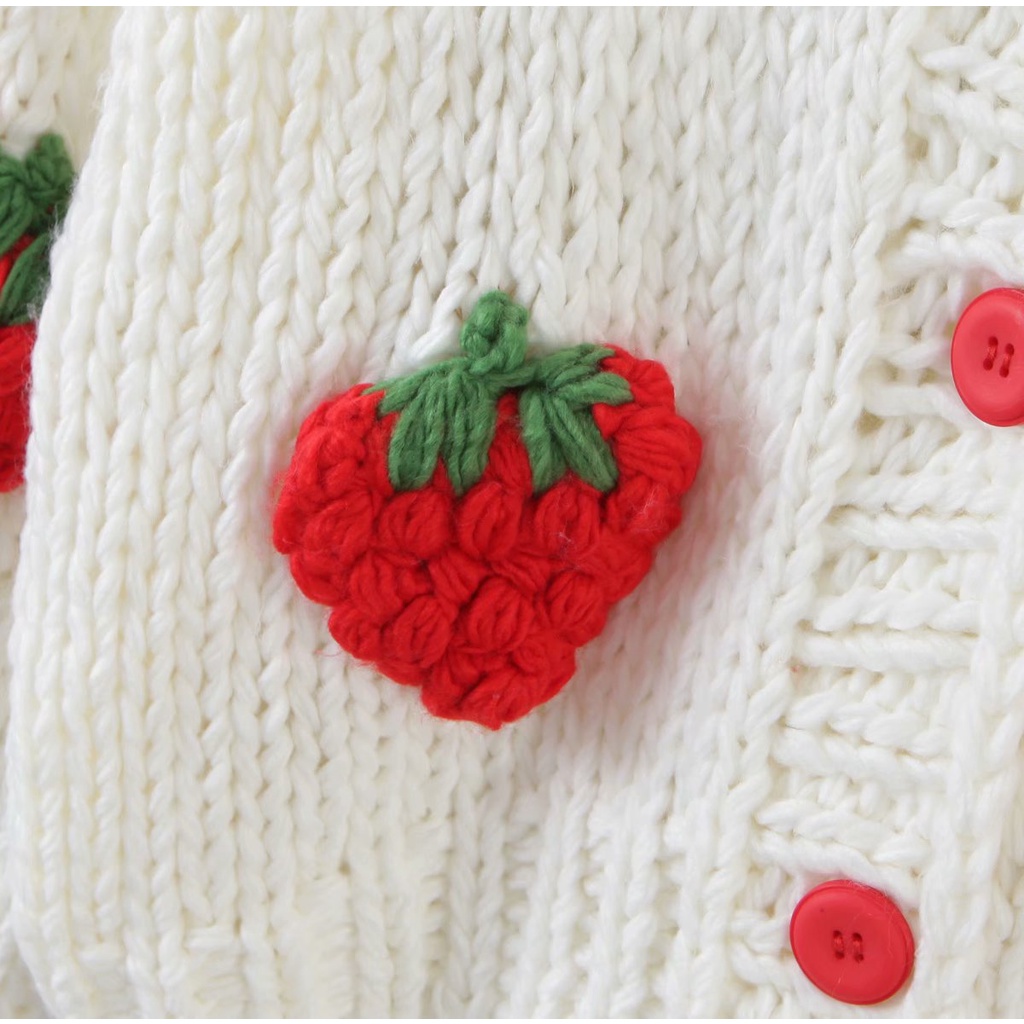 Áo khoác cardigan dệt kim tay dài phối nút họa tiết dâu nổi, Khoác Cardigan croptop nữ phong cách Hàn Quốc
