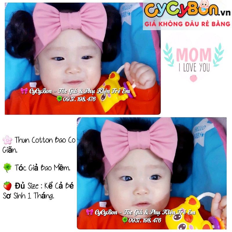 Băng Đô Turban Tóc Giả Cho Bé Gái- Nơ Hồng Ruốc -Kèm Tóc Giả Hai Bên Chất Vải Cotton Có Size Cho Bé Từ Sơ Sinh!