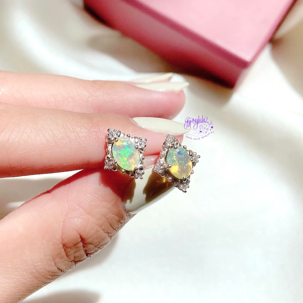 Bông Tai Đá Opal Thiên Nhiên Đa Sắc Hình Thoi SP003242 Gypsy.lala