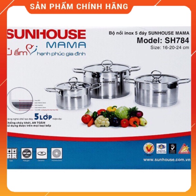 Bộ Nồi Inox 5 Đáy SUNHOUSE MAMA SH784 -Xoong Dùng Được Bếp Từ- Hàng Chính Hãng- bảo hành 5 năm