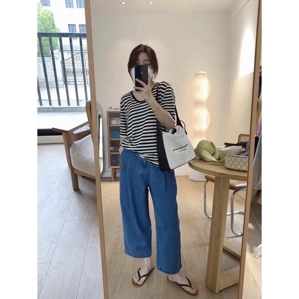 Quần jean baggy lửng xếp ly vải mềm
