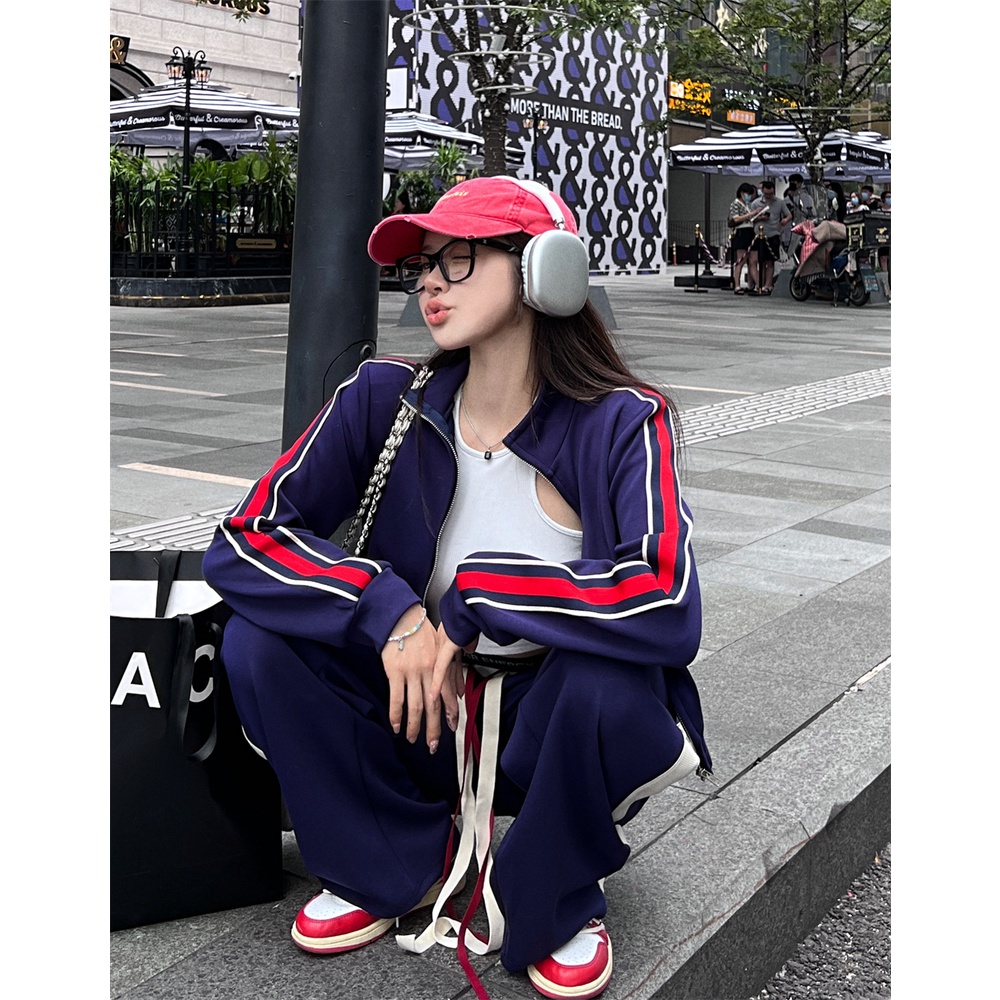 Áo Khoác Tay Dài Có Khóa Kéo + Quần Thể Thao Dáng Rộng Năng Động Hợp Thời Trang