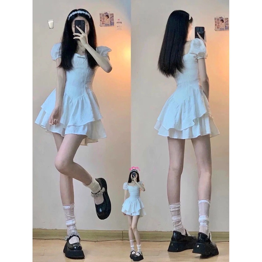 Bộ Đầm Hai Mảnh Áo Trắng Thắt Eo Phong Cách Hàn Quốc Mới Dành Cho Nữ
