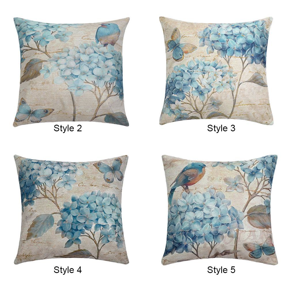 LUCKY 18x18in Bedroom Pillow Covers Home Decorations Blue Flowers and Birds Pillowcase Living Room Linen Square Retro Flax