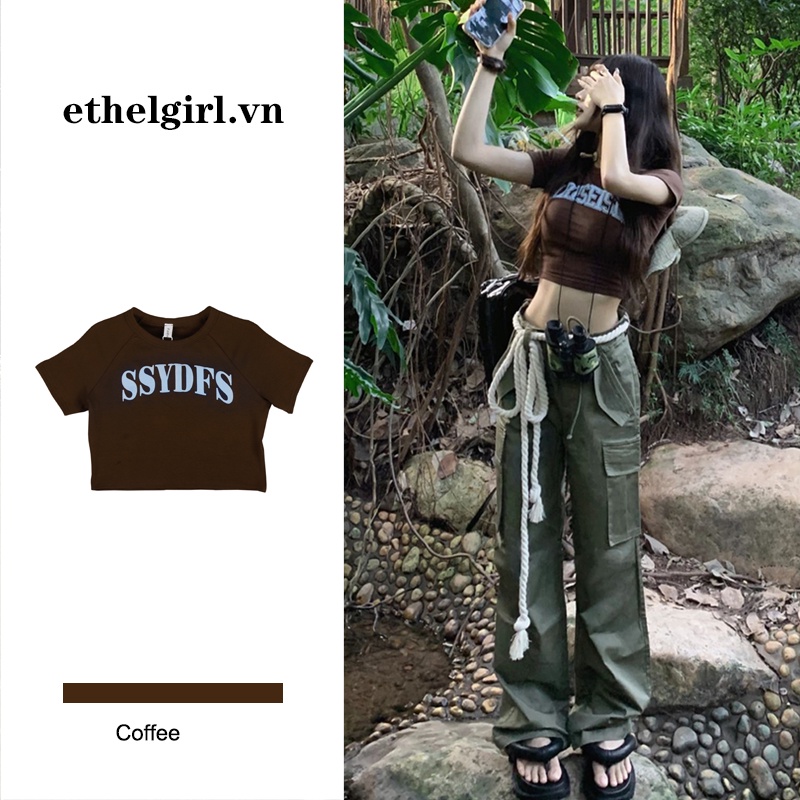 Ethelgirl Áo Thun Crop Top Tay Ngắn Cổ Lọ Dáng Ôm In Họa Tiết Thời Trang Cho Nữ