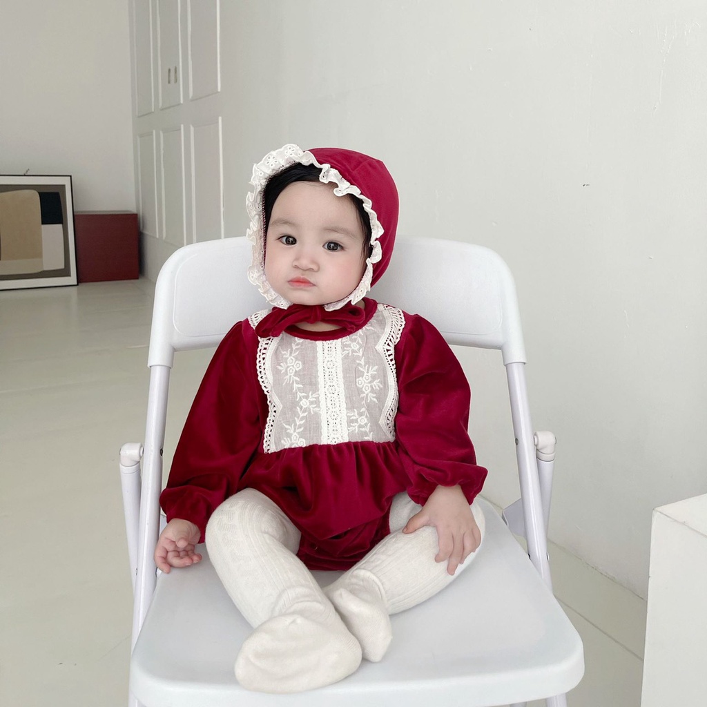 Body nhung đỏ bèo trắng ngực kèm mũ Hàn Quốc tiểu thư xinh xắn cho bé diện Noel, diện Tết, tiệc đầy tháng thôi nôi