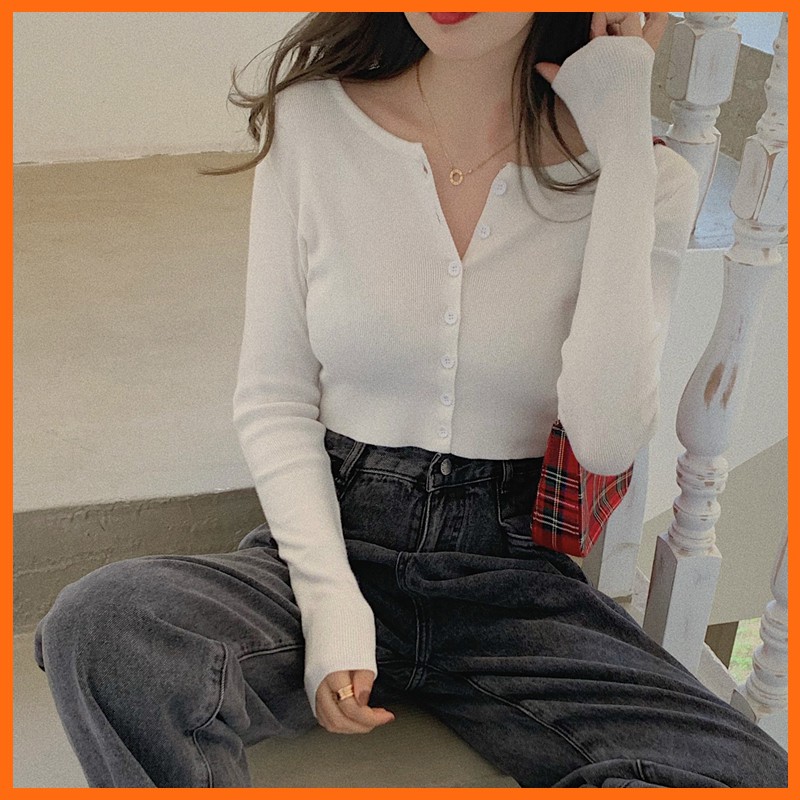 Áo Thun Croptop Nữ dài tay có cúc dáng ôm MADELA vải thun bozzip dày dặn, croptop tay dài dáng ôm cổ tròn -ACTNDT