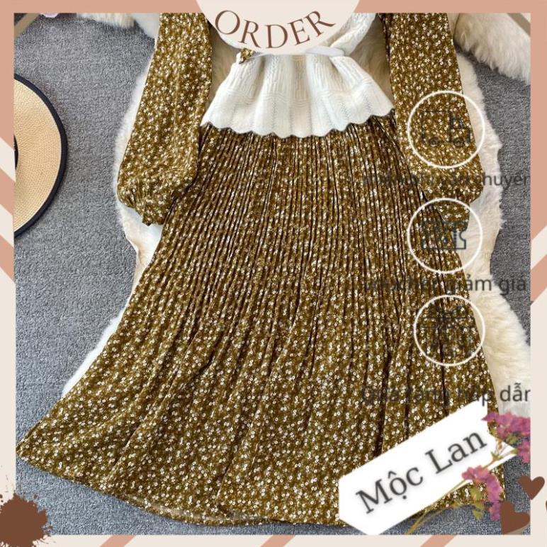 (MộcLan ORDER) Set váy gồm váy chất voan hoa nhí kèm áo gile cổ V kèm dây thắt eo 3 màu | BigBuy360 - bigbuy360.vn