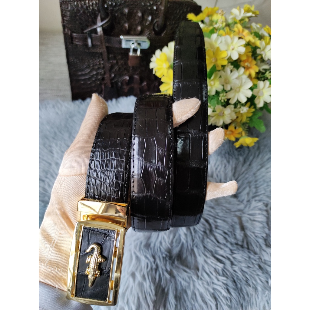 Combo Dây Lưng Cá Sấu Bụng Liền Nguyên Con Và Ví Cá Sấu Bụng Nguyên Tấm, Màu Đen, Bảo Hành 24 Tháng.
