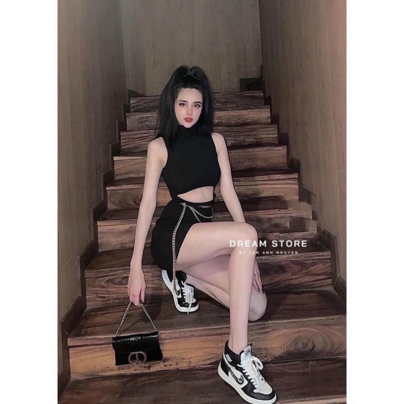 Đầm khoét eo đính dây xích ôm body - A5U