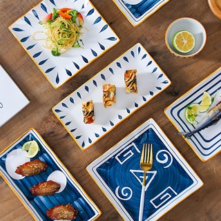 Đĩa sứ chữ nhật đĩa sushi phong cách Nhật bản hoạ tiết xanh