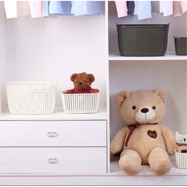 Rổ nhựa giả đan mây có quai cầm đủ kích cơ phong cách Hàn quốc