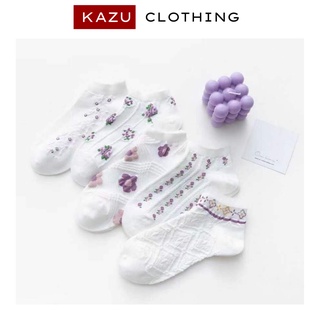 Set 5 đôi tất nữ ngắn cổ họa tiết hoa nhí mầu tím mộng mơ, vớ nữ cổ ngắn dễ thương - KAZU