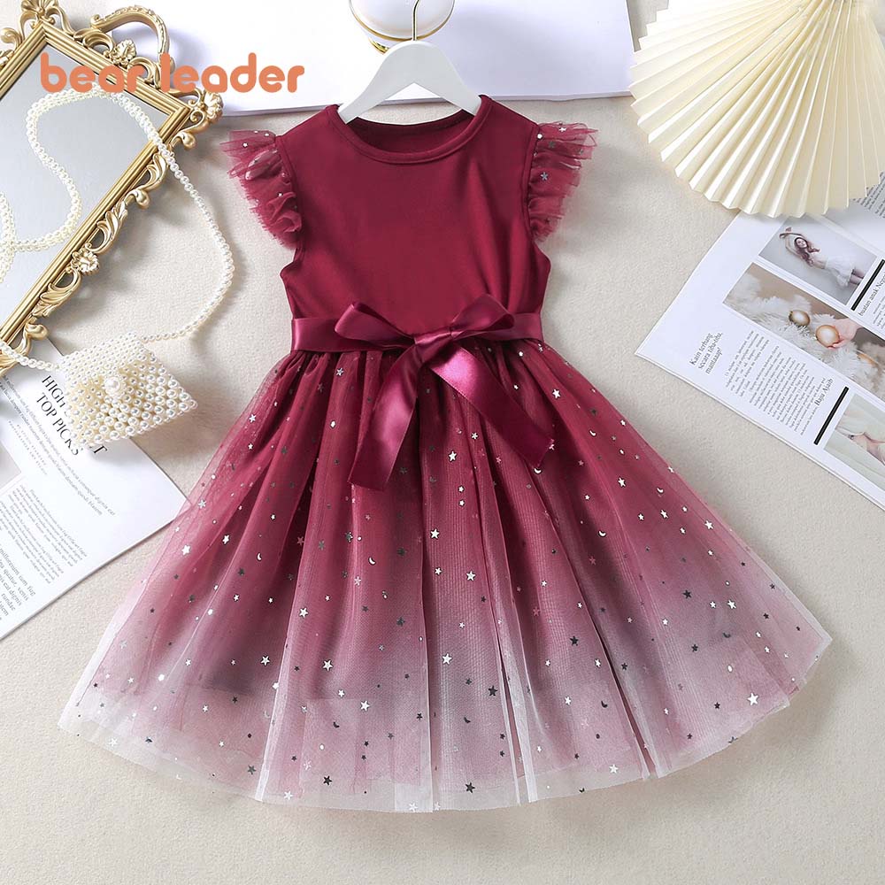 BEAR LEADER Đầm Công Chúa Phối Lưới Đính Nơ Thời Trang Mùa Hè Xinh Xắn Cho Bé Gái