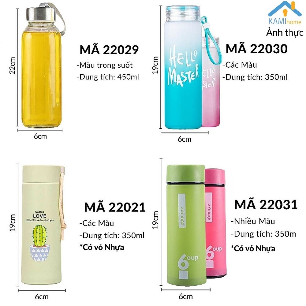 Bình nước thủy tinh (Nhiều mẫu) nắp chống tràn 350m KM20021