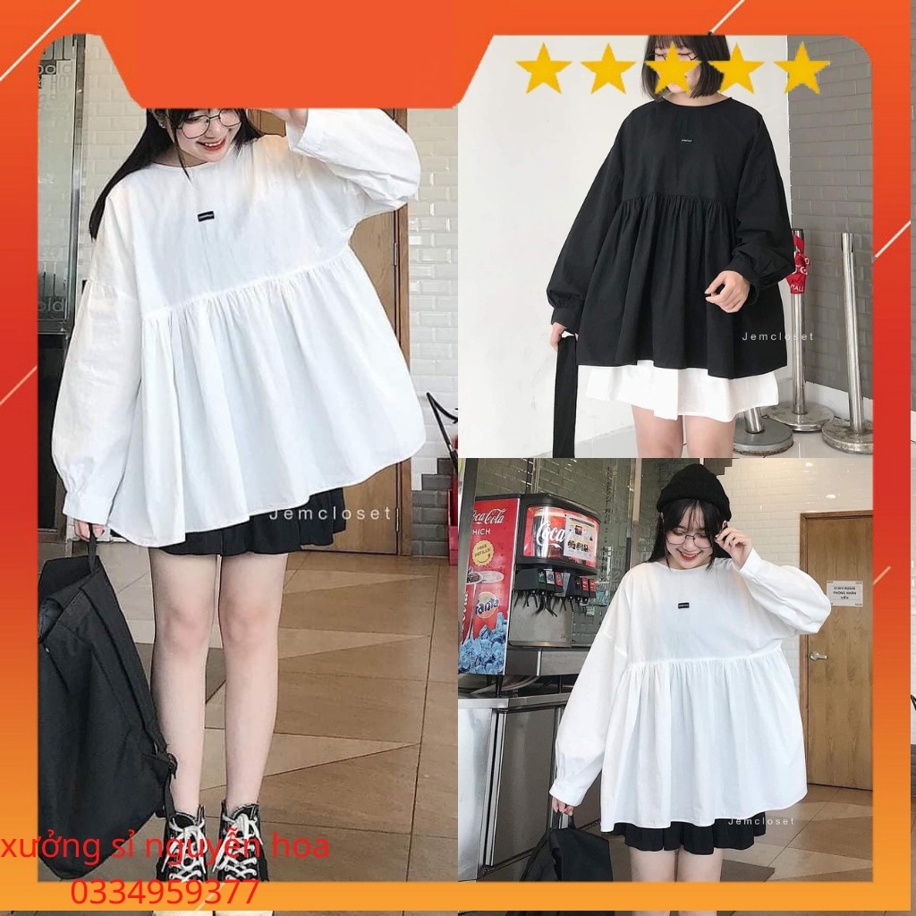 Áo babydoll tay bồng cúc lưng, logo ngực 2 màu đen/trắng Xưởng Sỉ Nguyễn Hoa