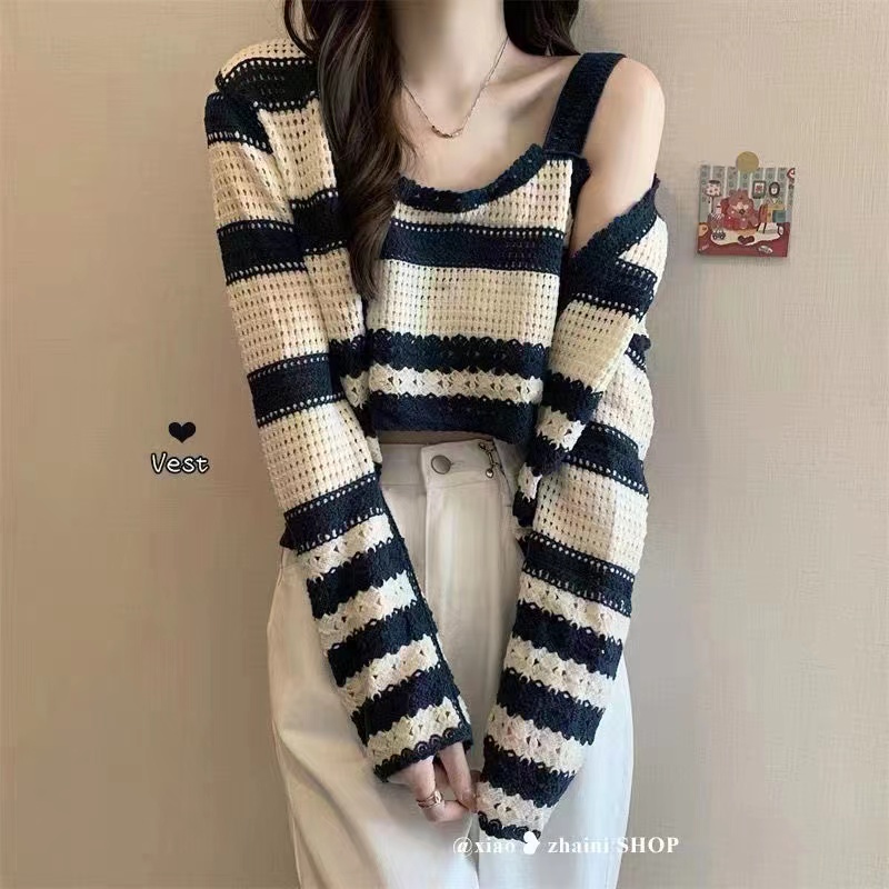 SUXI Set Áo Hai Dây Kẻ Sọc Ôm Dáng + Áo Khoác Cardigan Phong Cách Hàn Quốc Cho Nữ