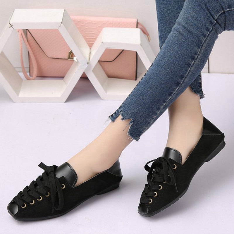 IELGY Giày búp bê mũi vuông giả da trơn phong cách Hàn Quốc dành cho nữ