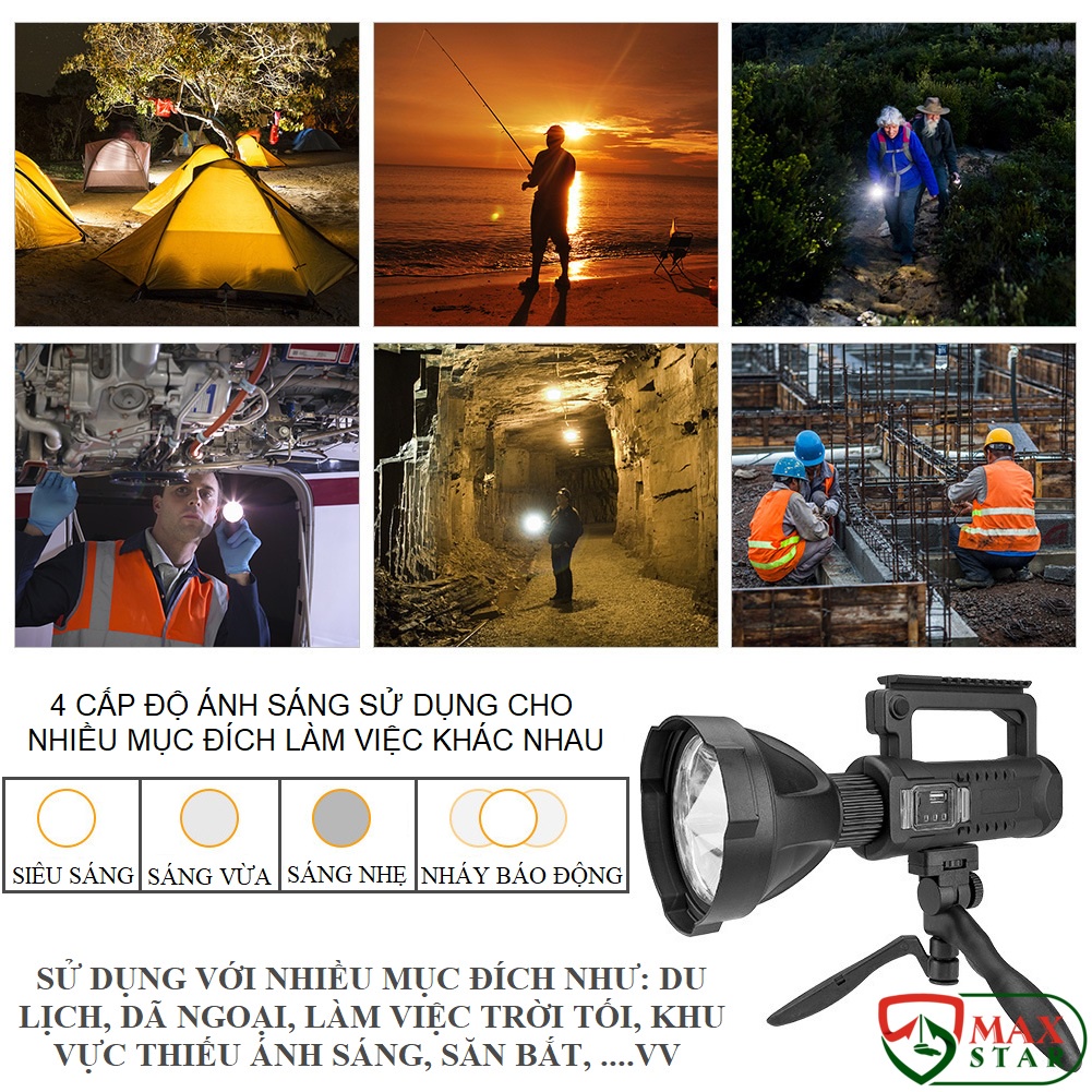 Đèn pin cầm tay W591 siêu sáng chiếu xa 1000m chống thấm nước có chân đế Đèn pin cầm tay mini siêu sáng sạc điện