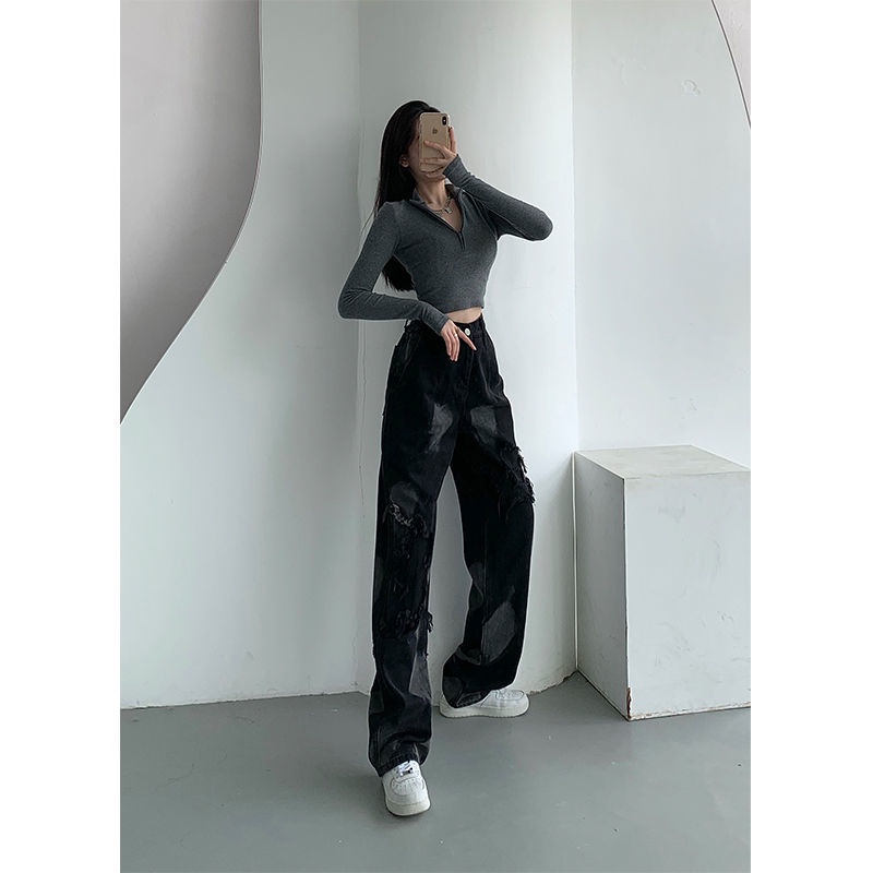 Quần dài ống rộng phong cách đường phố Âu Mỹ thời trang mùa thu cho nữ size lớn