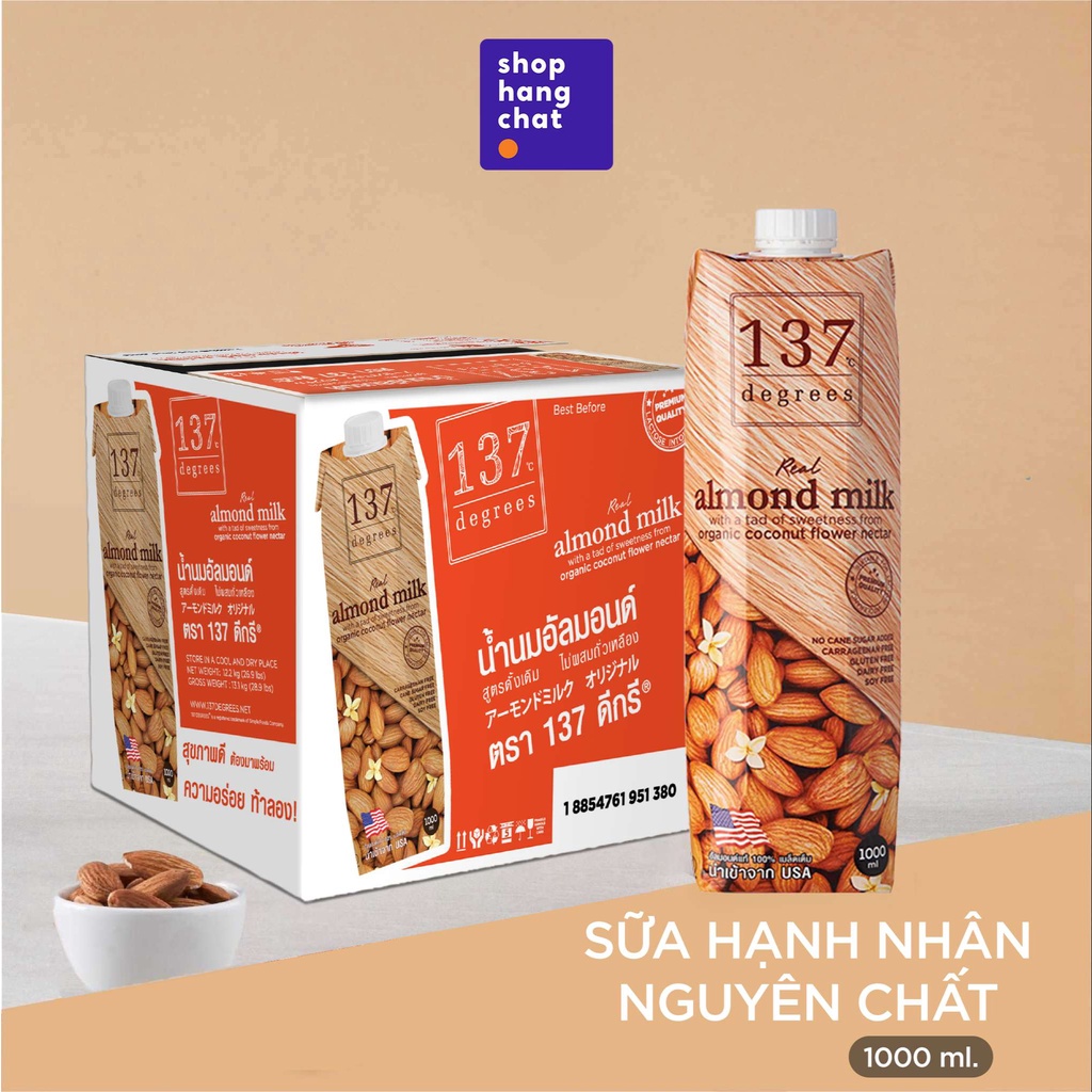 Sữa hạnh nhân nguyên chất 137 Degrees 1000ml x Thùng 12 hộp, 99% từ hạt tươi