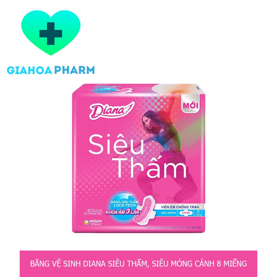 Băng vệ sinh Diana siêu thấm, siêu mỏng cánh 23cm (Gói 8 miếng) - Viền êm, chống tràn, nano bạc kháng khuẩn, ngăn mùi