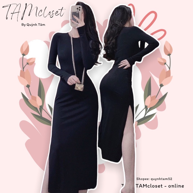 Đầm maxi body thun tay dài xẻ tà hai bên - TK116