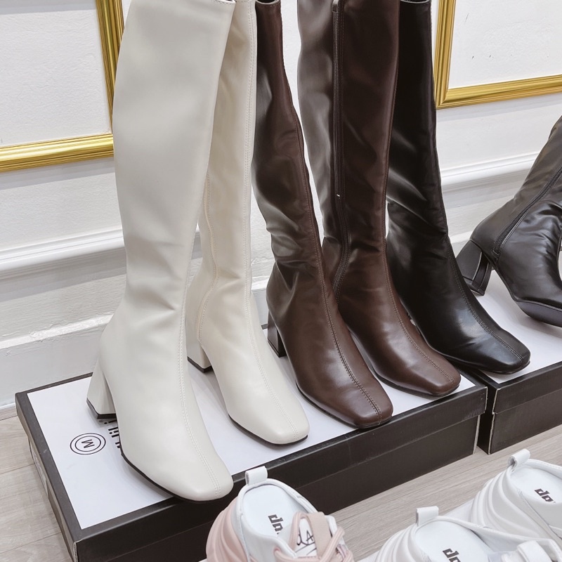 Bốt nữ  Mijiili boots đùi kéo khoá sườn da lì mềm mịn lót lông màu đen nâu trắng fullbox dài xịn