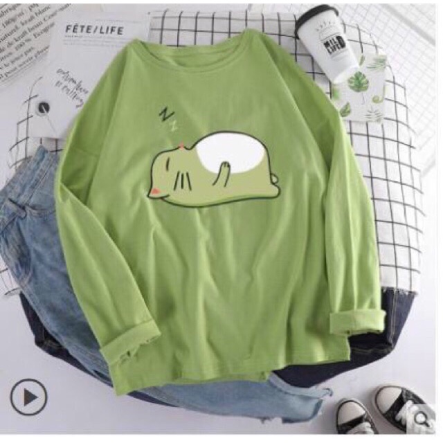 Áo phông tay dài hình mèo bụng bự dễ thương