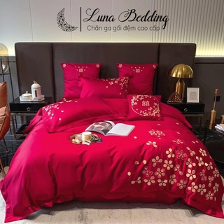Bộ chăn ga cưới 7 món lụa thêu hoa mai may mắn luna bedding