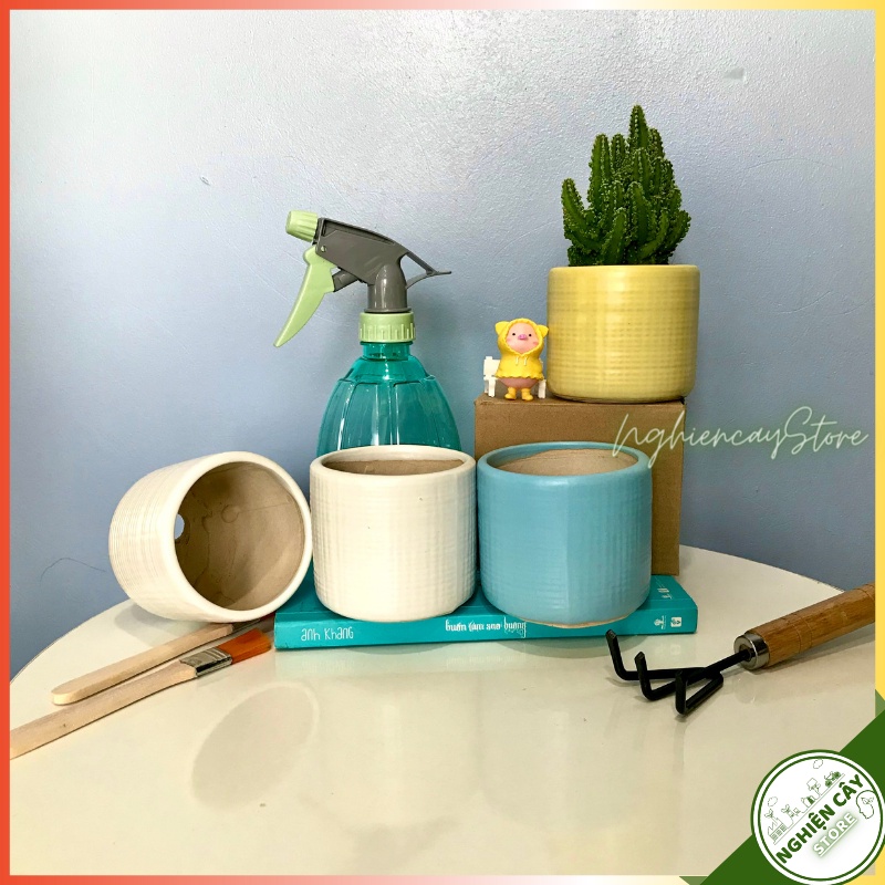 Chậu gốm mini hoạ tiết tăm trồng sen đá, xương rồng, cây cảnh để bàn