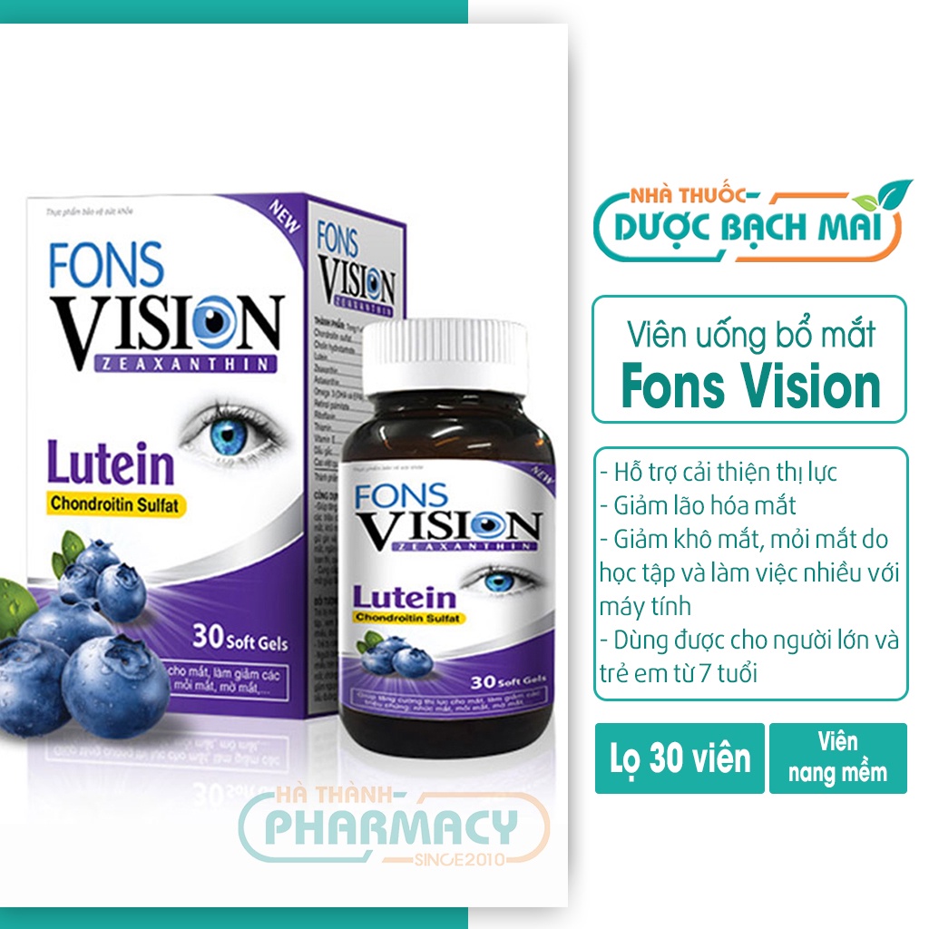 Viên uống bổ mắt Fons Vision cung cấp vitamin chăm sóc sức khỏe cho mắt sáng hết khô nhức mỏi mắt - Hộp 30 viên