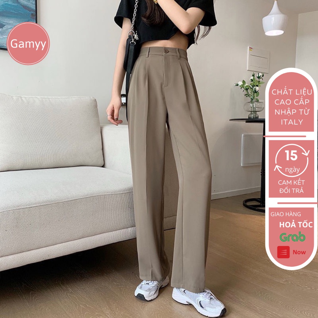 Quần ống rộng Gamyy ống đứng cạp cao chất kaki culottes suông nữ mặc kéo dài chân