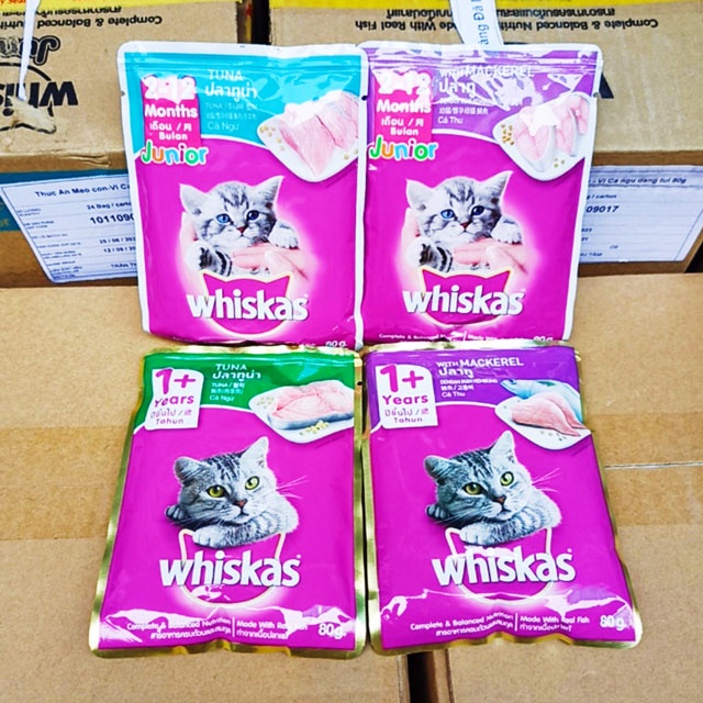 Pate Whiskas mèo con, mèo lớn vị Cá ngừ, Cá thu 80g