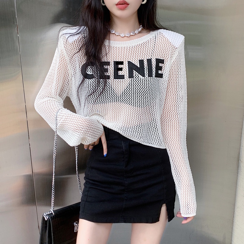 QKOOLE Áo đan len tay dài in họa tiết đơn giản phong cách Hàn Quốc thời trang cho nữ