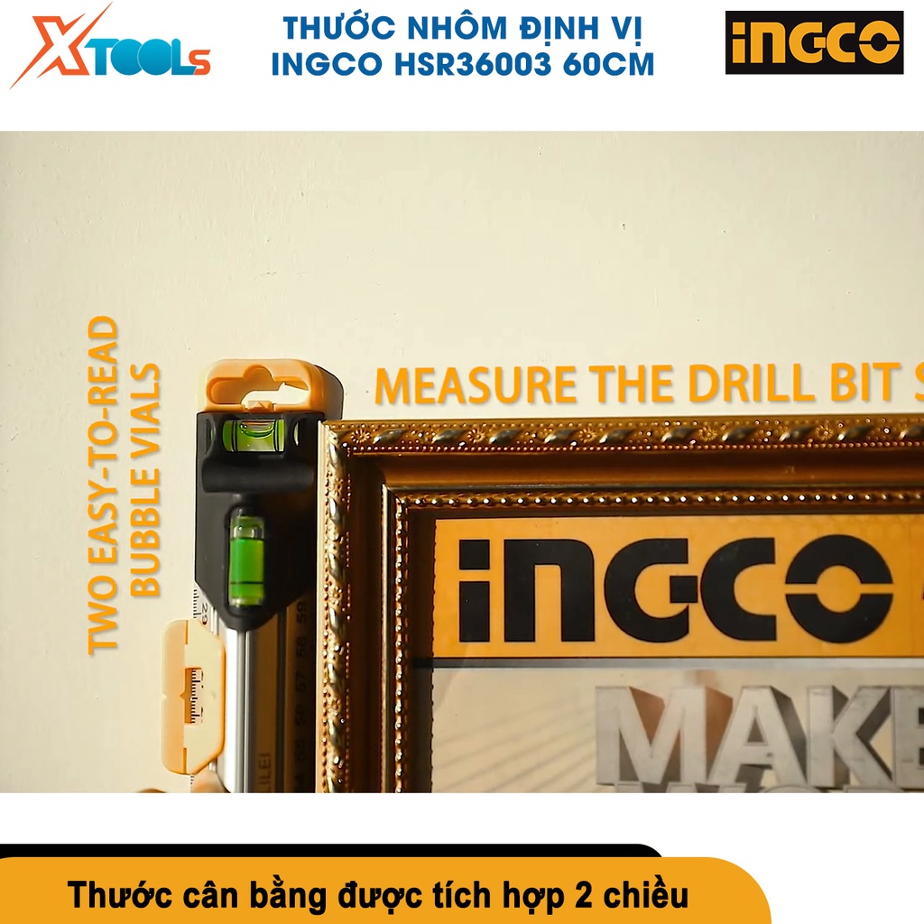 Thước nhôm định vị đa năng INGCO HSR36003 60cm thước thủy cân bằng xây dựng tích hợp đa chức năng [CHÍNH HÃNG][XTOOLS]