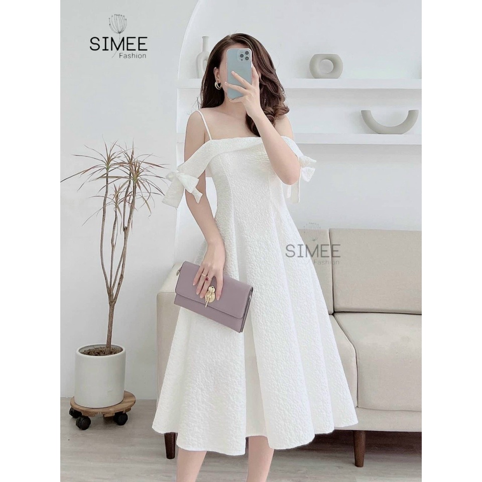 Đầm xòe tay nơ dễ thương ba màu trắng hồng đen có mút