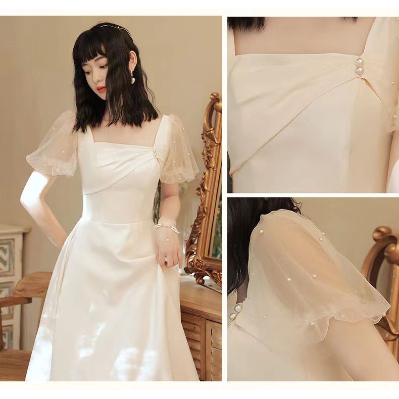 Đầm phù dâu dáng dài thời trang mùa hè dễ thương dành cho nữ、váy trắng dài qua đầu gối，đầm phụ dâu trắng