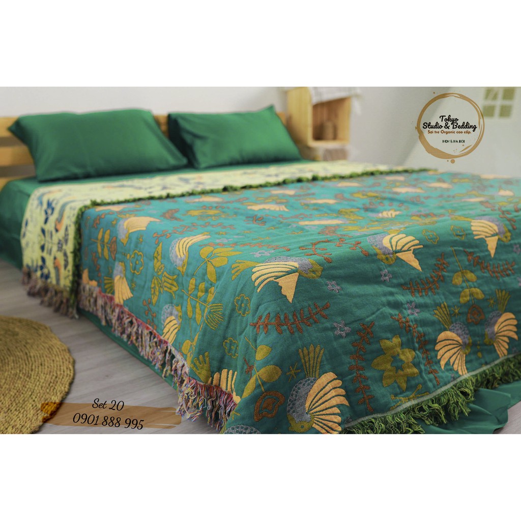 (1)TH Set Chăn Ga Gối_ Chăn Xô Cotton Sợi Tre &amp; Ga gối sợi tre xô/lụa satin/cotton nguyên chất