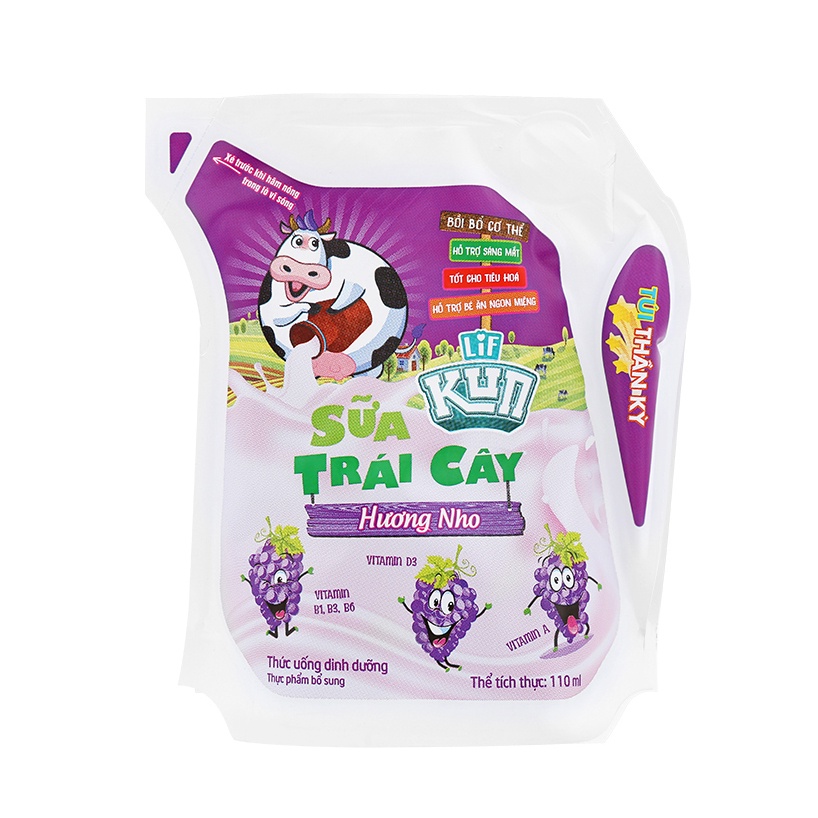 Túi Sữa Lif Kun  Vị Cam/Dâu/Socola Túi 110ml